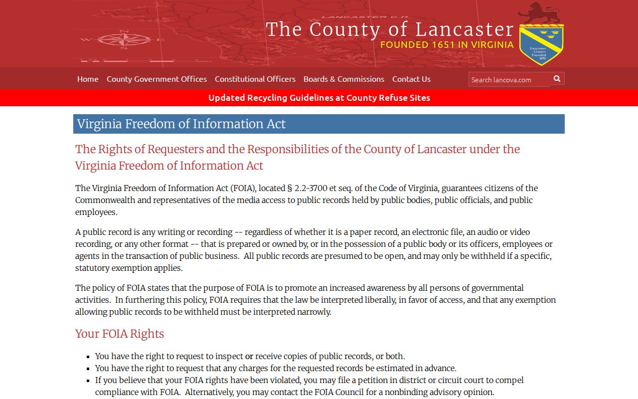 Lancaster County VFOIA access for arrest and booking records