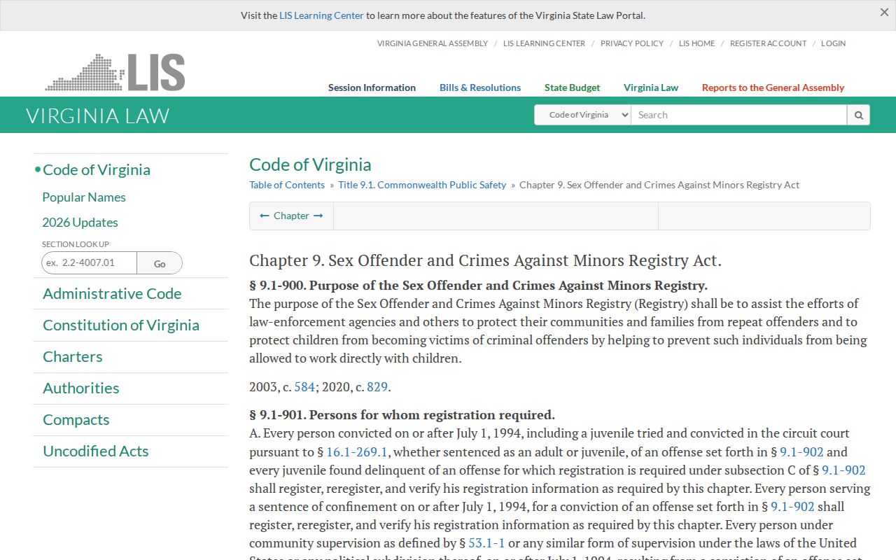 Virginia Sex Offender Registry Act provisions for Lancaster County