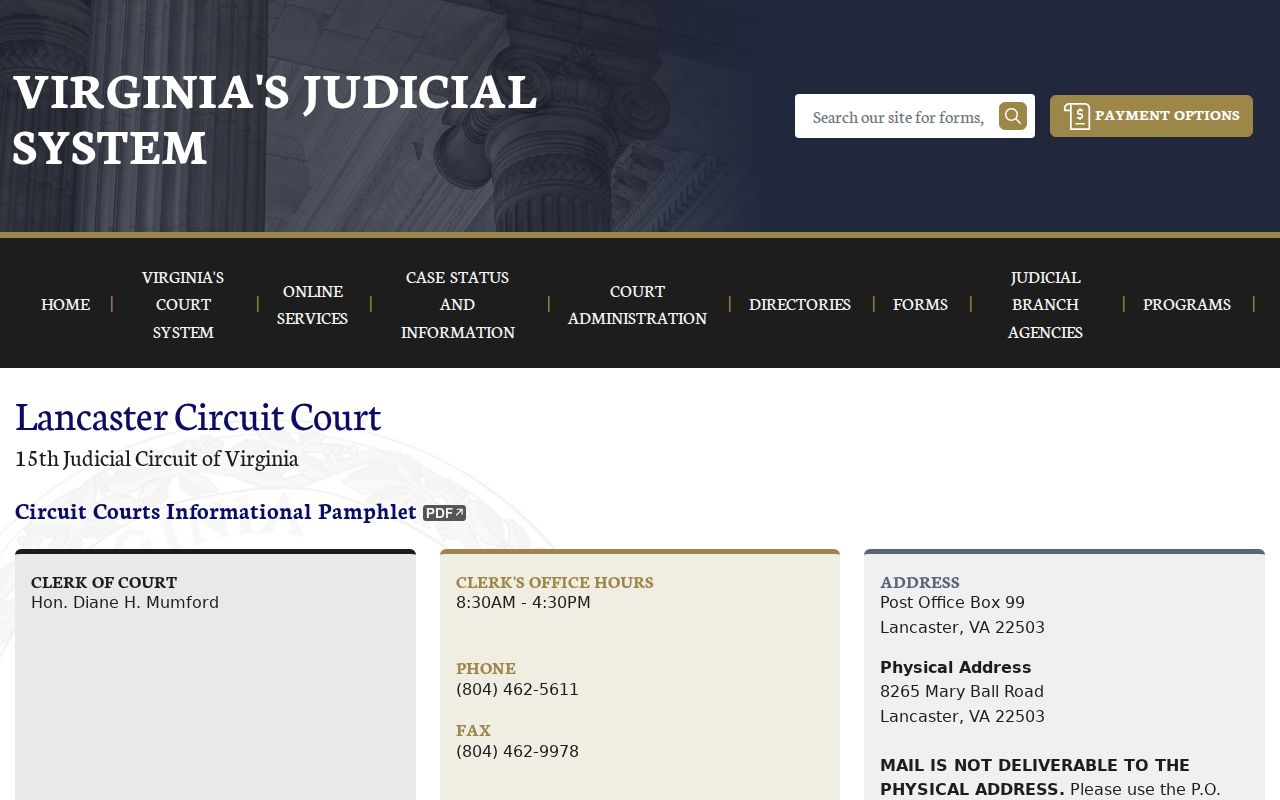 Lancaster Circuit Court clerk contact and criminal case information page