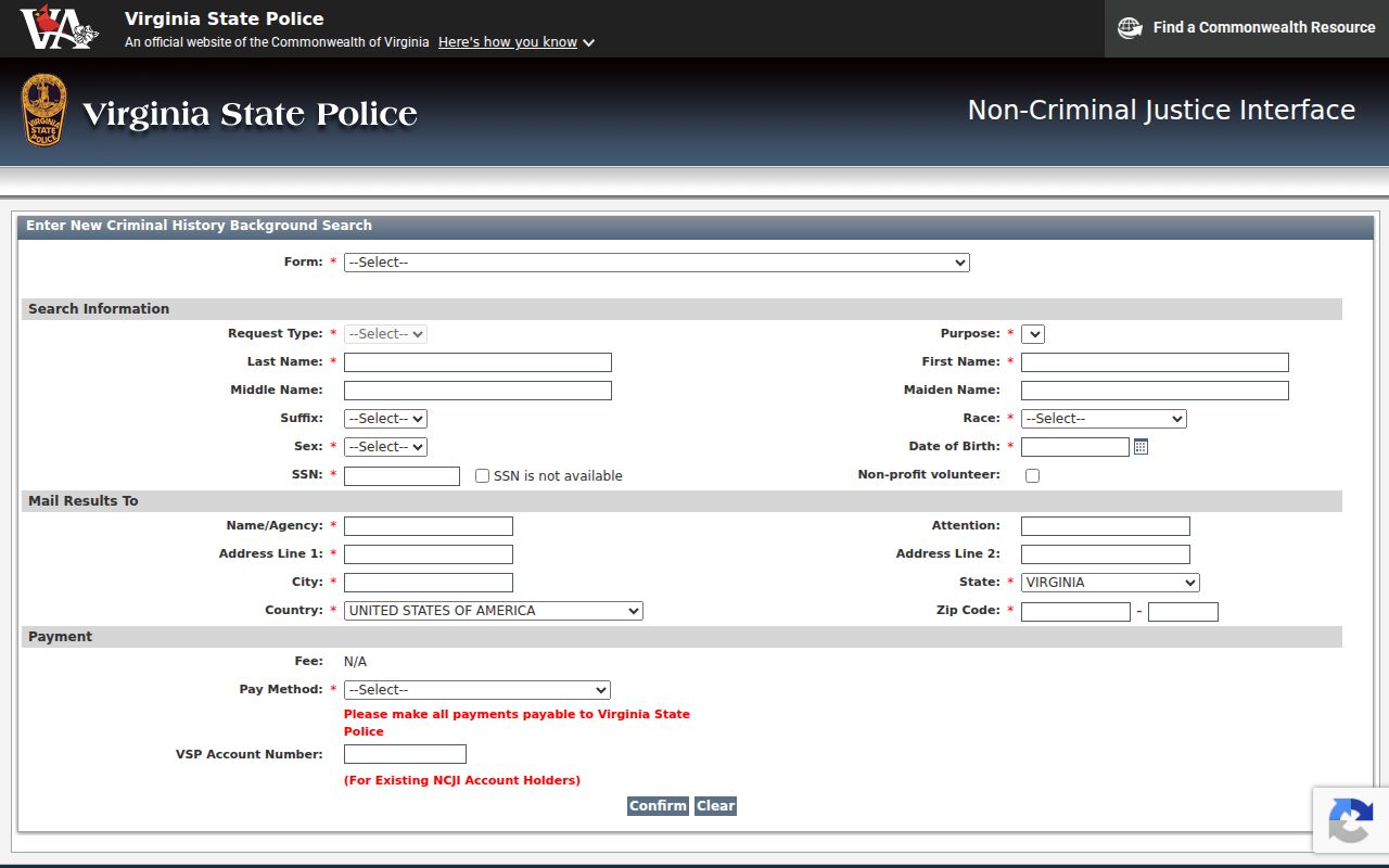 CATS Public SP-167 form workflow for Virginia criminal history requests