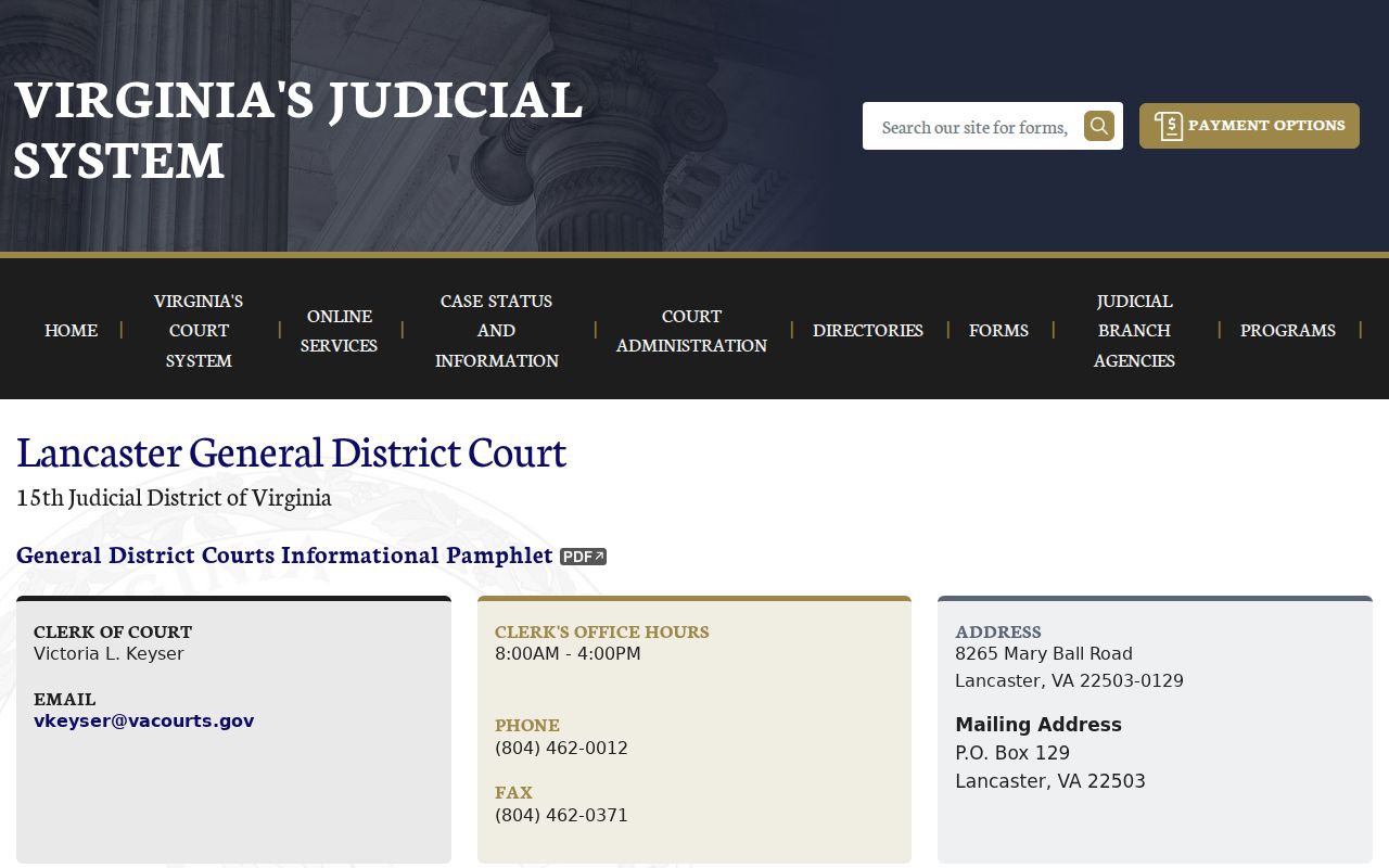 Lancaster General District Court criminal docket and clerk contact page
