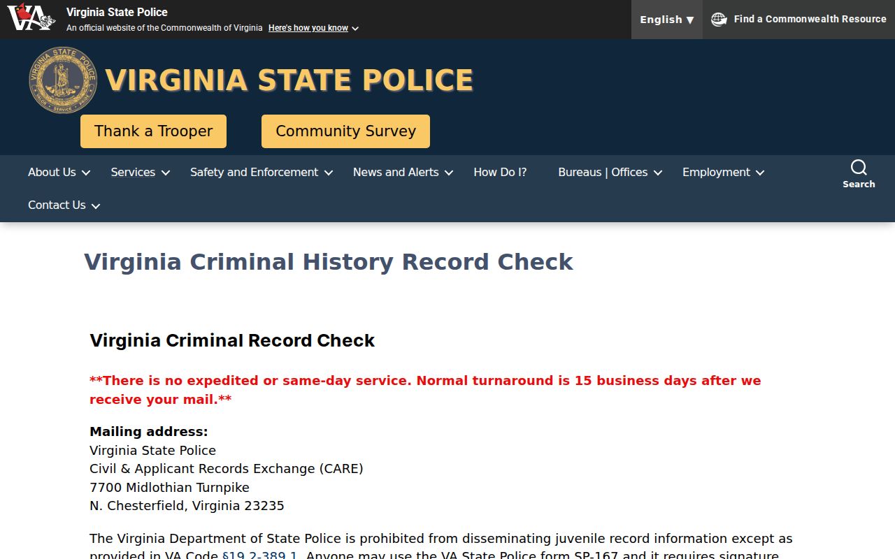 Virginia State Police criminal background check instructions for SP-167 requests